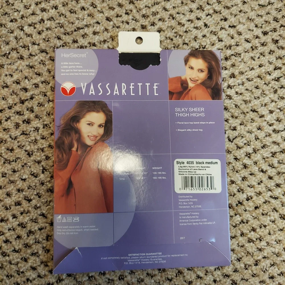Vassarette HerSecret Silky Sheer Thigh Highs 4035 Beige Black Medium 2 Pair Lot